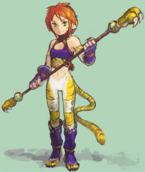 Rule 34 | 1girl, animal ears, artist request, blush, breasts, breath of fire, breath of fire ii, bustier, cat ears, cat tail, claws, facial mark, full body, furry, furry female, gloves, green eyes, no panties, no pants, open mouth, orange hair, rinpoo chuan, short hair, small breasts, solo, source request, staff, tail