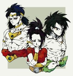 Rule 34 | 1girl, 2boys, arms at sides, belt, black eyes, black hair, bracelet, broly (dragon ball super), broly (dragon ball z), commentary, diadem, dragon ball, dragon ball super, dragon ball super broly, dragonball z, earrings, expressionless, finger gun, frown, grey background, grey eyes, height difference, jewelry, kale (dragon ball), long hair, looking away, multiple boys, muscular, necklace, nervous, ponytail, red shirt, scar, shirt, short hair, simple background, spiked hair, sweatdrop, symbol-only commentary, topless male, upper body, yoruume