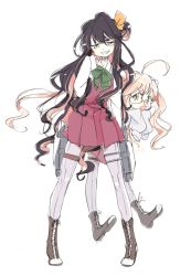 Rule 34 | 2girls, ahoge, black hair, boots, bow, bowtie, cross-laced footwear, dress, glasses, grey legwear, grin, hair ribbon, kantai collection, lace-up boots, long hair, long sleeves, makigumo (kancolle), mokeo, multicolored hair, multiple girls, naganami (kancolle), open mouth, pantyhose, pink hair, purple dress, ribbon, school uniform, shirt, simple background, sleeves past fingers, sleeves past wrists, smile, standing, two-tone background, two-tone hair, white background, white shirt