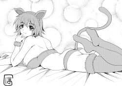Rule 34 | 1girl, absurdres, animal ears, arm support, ass, bed, bikini, breasts, cat ears, cat tail, feet, highres, hozumi kenji, infinite stratos, large breasts, legs, looking at viewer, lying, monochrome, nipples, on stomach, sarashiki tatenashi, seductive smile, short hair, sideboob, sidelocks, smile, swimsuit, tail, the pose, thighhighs, thighs