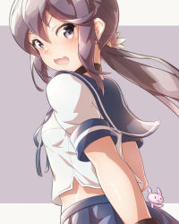 Rule 34 | 1girl, akebono (kancolle), akebono kai ni (kancolle), angry, arthur ko, black gloves, blue sailor collar, blue skirt, breasts, chibi, close-up, commentary request, eyebrows, fang, flower, from side, gloves, grey background, hair between eyes, hair flower, hair ornament, head tilt, kantai collection, long hair, looking at viewer, miniskirt, open mouth, pleated skirt, ponytail, purple eyes, purple hair, rabbit, sailor collar, school uniform, serafuku, shirt, short sleeves, side ponytail, sidelocks, simple background, skin fang, skirt, small breasts, solo, standing, surprised, very long hair, white background