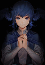 Rule 34 | 1girl, black background, blue cape, blue eyes, blue hair, cape, closed mouth, dark, dark blue hair, feathered wings, final fantasy, final fantasy xiv, fingernails, hair wings, head wings, highres, medium hair, meteion, mimme (haenakk7), own hands together, red pupils, simple background, smile, solo, square enix, upper body, wings