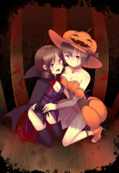 Rule 34 | 2girls, ass, bad id, bad pixiv id, bare shoulders, blood, breasts, brown eyes, brown hair, cape, choker, cleavage, corpse party, costume, curly hair, detached sleeves, dress, fangs, gloves, hair ornament, hairpin, halloween, hat, high heels, jack-o&#039;-lantern, kneeling, long hair, multiple girls, nakashima naomi, open mouth, open shoes, pumpkin, pumpkin hat, rosa tsubomi, shinohara seiko, shoes, short hair, strapless, strapless dress, thighhighs, tongue, vampire, yellow eyes