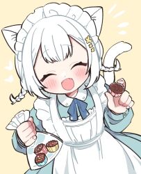 Rule 34 | 1girl, animal ears, apron, bag, blush, braid, cat ears, cat girl, cat tail, chocolate, closed eyes, collared dress, commentary, dress, fangs, food, holding, holding bag, holding food, long sleeves, maid, maid headdress, neck ribbon, open mouth, original, pouch, ribbon, smile, solo, tail, twin braids, white hair, yellow background, yukijiro