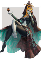Rule 34 | 1girl, anklet, bad id, bad pixiv id, barefoot, black skin, blue skin, border, breasts, colored sclera, colored skin, floating, full body, gonzarez, grey background, highres, hood, hood up, jewelry, large breasts, levitation, midna, midna (true), navel, nintendo, no nipples, orange eyes, orange hair, solo, the legend of zelda, the legend of zelda: twilight princess, white border, yellow sclera