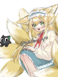 Rule 34 | 1girl, absurdres, animal ears, arknights, artist name, black cat, blonde hair, blue hairband, blue skirt, cardigan, cat, commentary request, crossover, fox ears, fox girl, fox tail, frilled hairband, frills, green eyes, hair between eyes, hairband, highres, kitsune, kyuubi, long sleeves, luo xiaohei, luo xiaohei zhanji, multiple tails, neck ribbon, official alternate costume, open mouth, puffy long sleeves, puffy sleeves, red ribbon, ribbon, simple background, skirt, suzuran (arknights), suzuran (spring praise) (arknights), tail, twitter username, wachi (wachi yo), white background, yellow cardigan