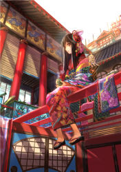 Rule 34 | 1girl, architecture, black hair, clog sandals, cup, east asian architecture, full body, fuzichoco, hair ornament, holding, japanese clothes, kimono, long hair, no socks, okobo, original, red eyes, sandals, sitting, solo, water, yunomi, zouri