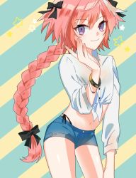 Rule 34 | 1boy, arched back, astolfo (fate), astolfo (sugar vacation) (fate), bad id, bad pixiv id, bangle, bead bracelet, beads, black bow, black panties, blue shorts, blush, bow, bracelet, braid, closed mouth, collared shirt, commentary request, contrapposto, cowboy shot, crop top, denim, denim shorts, diagonal stripes, dot nose, eyelashes, fate/apocrypha, fate (series), fingernails, hair bow, hair intakes, hand on own cheek, hand on own face, highleg, highleg panties, highres, jewelry, legs apart, light smile, long hair, long sleeves, looking at viewer, male focus, multicolored hair, navel, panties, pink hair, purple eyes, shirt, short shorts, shorts, side-tie panties, simple background, single braid, solo, standing, star (symbol), stomach, streaked hair, striped, striped background, tied shirt, trap, two-tone hair, underwear, very long hair, white hair, white shirt, wing collar