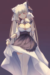 Rule 34 | 1girl, absurdly long hair, animal ears, apron, azur lane, breasts, cheshire (azur lane), cheshire (azur lane) (cosplay), cleavage, cosplay, detached sleeves, dress, fake animal ears, formidable (azur lane), frilled hairband, frilled headband, frills, garter straps, hairband, highres, kenkano, long hair, long ribbon, looking at viewer, maid, maid headdress, puffy detached sleeves, puffy sleeves, purple apron, red eyes, simple background, solo, thighhighs, very long hair, white dress, white thighhighs, wrist cuffs