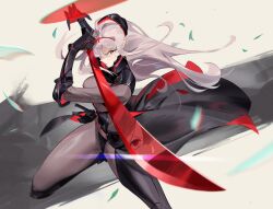 Rule 34 | 1girl, armored bodysuit, black bodysuit, bodysuit, breasts, brown eyes, fighting stance, glint, goddess of victory: nikke, grey bodysuit, grey hair, halo, headgear, highres, holding, holding sword, holding weapon, large breasts, long hair, official alternate costume, rakaieye, red eyes, reflection, rose (nikke), scarlet (black shadow) (nikke), scarlet (nikke), see-through, solo, sword, tearing up, weapon