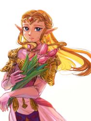 Rule 34 | 1girl, artist name, blonde hair, blue eyes, circlet, dated, dress, flower, gloves, highres, holding, holding flower, long hair, looking at viewer, nintendo, oim8n, pink dress, pink flower, pink gloves, pointy ears, princess zelda, simple background, solo, the legend of zelda, the legend of zelda: ocarina of time, triforce earrings, upper body, watermark, white background