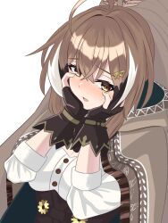 Rule 34 | 1girl, ahoge, blush, brown capelet, brown cloak, brown corset, brown eyes, brown hair, capelet, cloak, corset, crossed bangs, feather hair ornament, feathers, fingernails, gloves, hair between eyes, hair ornament, hands on own face, hieroglyphics, highres, hololive, hololive english, long hair, looking down, multicolored hair, nanashi mumei, nanashi mumei (1st costume), open mouth, partially fingerless gloves, ponytail, shirt, shishi cc, streaked hair, very long hair, virtual youtuber, white shirt