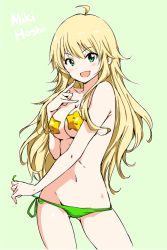 Rule 34 | 1girl, :d, ahoge, bikini, blonde hair, blush, breasts, character name, cleavage, collarbone, covered erect nipples, floating hair, gluteal fold, green bikini, green eyes, green ribbon, hair between eyes, hamao, hoshii miki, idolmaster, idolmaster (classic), long hair, medium breasts, navel, open mouth, ribbon, side-tie bikini bottom, smile, solo, standing, swimsuit, untying, very long hair, white background