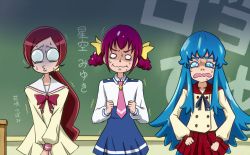 Rule 34 | 10s, 3girls, :o, akanerun, bad id, bad pixiv id, blank eyes, blue eyes, blue hair, blue skirt, bow, chalkboard, character name, clenched hands, hanasaki tsubomi, happinesscharge precure!, heartcatch precure!, hoshizora miyuki, long hair, multiple girls, necktie, nervous, pink hair, pink necktie, ponytail, precure, red hair, red skirt, ribbon, scarf, school uniform, shirayuki hime, short twintails, sidelocks, skirt, smile precure!, sweat, trait connection, trembling, twintails, v arms, wavy mouth, yellow skirt