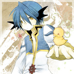 Rule 34 | &gt; &lt;, 1boy, ark kan, bird, bird on hand, black coat, black wings, blue hair, brown background, chick, closed mouth, coat, commentary request, flower, hair between eyes, head wings, high priest (ragnarok online), layered clothes, long sleeves, looking at viewer, lowres, male focus, pink flower, ragnarok online, short hair, solo, upper body, white coat, wings, yellow eyes