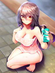 Rule 34 | 1girl, barefoot, bath, black hair, blush, breasts, commentary request, from above, hair between eyes, haruna (kancolle), highres, impossible towel, kantai collection, kneeling, large breasts, long hair, looking at viewer, naked towel, same-sex bathing, shared bathing, smile, soap, soap bubbles, solo, sponge, tile floor, tiles, towel, tsukui kachou, water, wet, wet towel, yellow eyes