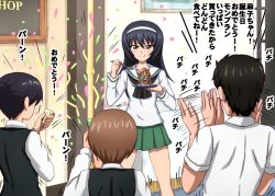 Rule 34 | 1boy, 2girls, afterimage, black hair, black neckerchief, black vest, blouse, blush, brown eyes, brown hair, cake, celebration, clapping, closed mouth, commentary, confetti, dress shirt, eating, food, girls und panzer, green skirt, hairband, highres, holding, holding saucer, holding spoon, indoors, long hair, long sleeves, looking at viewer, miniskirt, mont blanc (food), motion lines, multiple girls, neckerchief, office lady, omachi (slabco), ooarai school uniform, party popper, pleated skirt, reizei mako, saucer, school uniform, serafuku, shirt, short hair, short sleeves, skirt, smile, spoon, standing, translated, vest, white hairband, white shirt