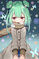 Rule 34 | 1girl, :o, absurdres, blue bow, blush, bow, breath, brown coat, brown gloves, brown scarf, bug, butterfly, coat, commentary request, double bun, fang, gloves, green hair, hair bow, hair bun, hair ornament, highres, holding hands, hololive, insect, jiu (sdesd3205), long sleeves, looking at viewer, open mouth, red eyes, scarf, skull hair ornament, solo focus, uruha rushia, virtual youtuber