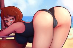 Rule 34 | arezu (pokemon), ass, ass focus, beach, bent over, blush, cloud, creatures (company), crossed arms, game freak, highres, levs, looking back, nintendo, ocean, pokemon, pokemon legends: arceus, red eyes, red hair, school swimsuit, sky, smile, swimsuit, thighs, vexypop
