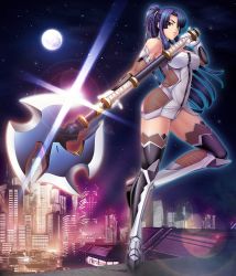 Rule 34 | 00s, 1girl, axe, bare shoulders, black thighhighs, blue hair, bodysuit, breasts, city, cityscape, cleavage, elbow gloves, female focus, fishnet thighhighs, fishnets, full body, full moon, gloves, kagami hirotaka, large breasts, lilith-soft, long hair, looking at viewer, moon, night, night sky, no bra, panties, pantyshot, parted lips, polearm, ponytail, purple hair, red eyes, serious, skin tight, sky, solo, sparkle, standing, standing on one leg, star (sky), starry sky, taimanin (series), taimanin asagi, taimanin asagi kessen arena, taimanin murasaki, thighhighs, underwear, weapon, white panties, yatsu murasaki, zettai ryouiki