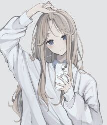 Rule 34 | 1girl, artist name, blonde hair, blue eyes, blue shirt, blush, closed mouth, collared shirt, grey background, grey hair, highres, holding, holding own hair, holding phone, long hair, long sleeves, looking at viewer, niaa, original, phone, puffy sleeves, selfie, shirt, sidelocks, simple background, smartphone case, solo, sweater, taking picture, upper body, white sweater