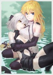 Rule 34 | 2girls, bare shoulders, black bow, black dress, blonde hair, blue eyes, bow, breasts, cleavage, clothing cutout, detached sleeves, dress, elbow gloves, fate/apocrypha, fate/grand order, fate (series), frown, gloves, had (had314), hair bow, highres, hug, in water, jeanne d&#039;arc (fate), jeanne d&#039;arc (ruler) (fate), jeanne d&#039;arc (third ascension) (fate), jeanne d&#039;arc alter (avenger) (fate), jeanne d&#039;arc alter (avenger) (third ascension) (fate), jeanne d&#039;arc alter (fate), large breasts, long hair, looking at viewer, lying, lying on person, multiple girls, navel cutout, on back, partially submerged, seiza, short hair, silver hair, sitting, smile, thighhighs, very long hair, water, water drop, wet, white dress, yellow eyes, yuri