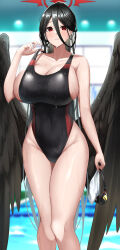 Rule 34 | 1girl, absurdres, alternate costume, arisugawa ya, bare arms, bare shoulders, black hair, black wings, blue archive, blurry, blurry background, breasts, cleavage, collarbone, commentary request, competition swimsuit, covered navel, cowboy shot, day, feathered wings, goggles, unworn goggles, hair between eyes, halo, hasumi (blue archive), highleg, highleg swimsuit, highres, holding, huge breasts, long hair, looking at viewer, one-piece swimsuit, pool, smile, solo, standing, swimsuit, thighs, very long hair, water, wet, wet clothes, wet swimsuit, wings