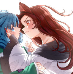 Rule 34 | 2girls, animal ears, blue eyes, blue hair, blush, brown hair, drill hair, fang, fang out, fingernails, from side, green kimono, hand on another&#039;s cheek, hand on another&#039;s face, imaizumi kagerou, japanese clothes, kimono, long fingernails, long hair, long sleeves, multiple girls, nail polish, profile, red eyes, red nails, satomachi, simple background, touhou, twin drills, upper body, wakasagihime, white background, wolf ears, yuri