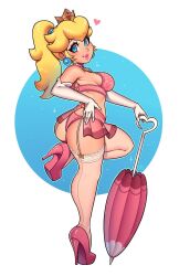 Rule 34 | 1girl, ass, blue eyes, bra, breasts, garter straps, gloves, hand on own hip, heart, heels, highres, huge ass, large breasts, leg lift, legs, looking at viewer, mario (series), nintendo, parasol, parted lips, pink bra, pink lips, ponytail, princess, princess peach, ravenousruss, sideboob, smile, solo, super mario bros. 1, thick thighs, thighs, thong, umbrella, underwear