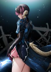 Rule 34 | 1girl, armor, au ra, black gloves, cowboy shot, dragon horns, dragon tail, final fantasy, final fantasy xiv, from side, gloves, highres, hip armor, holding, holding sword, holding weapon, horns, pink eyes, scales, shhilee, short hair, shoulder armor, solo, sword, tail, tiara, warrior of light (ff14), weapon