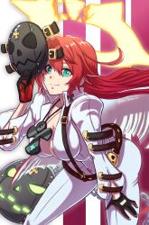Rule 34 | 1girl, ankh, belt, black gloves, blunt ends, bodysuit, breasts, cleavage, spiked halo, gloves, green eyes, guilty gear, halo, highres, jack-o&#039; valentine, kamata (etoileazuki), large breasts, long hair, looking at viewer, multicolored hair, red hair, smile, solo, two-tone hair, white bodysuit, white hair