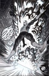 Rule 34 | 1boy, \m/, bomb, commentary, commission, english commentary, explosion, explosive, falling, gloves, greyscale, james harren, looking up, male focus, marvel, mask, monochrome, motion blur, open hand, peter parker, signature, solo, spider-man, spider-man (series), spider web print, superhero costume, western comics (style)