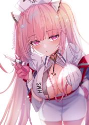 Rule 34 | 1girl, azur lane, breasts, center opening, choker, gloves, hair ornament, half gloves, hat, highres, holding, holding syringe, id card, large breasts, leaning forward, long hair, looking at viewer, nurse, nurse cap, perseus (azur lane), perseus (unfamiliar duties) (azur lane), pink eyes, pink gloves, pink hair, solo, syringe, teltelhousi, twintails, very long hair, white hat