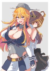 Rule 34 | 2girls, ahoge, back-to-back, black skirt, blonde hair, blue eyes, breasts, brown hair, detached sleeves, double bun, fingerless gloves, frilled skirt, frills, front-tie top, gloves, hair bun, hairband, headgear, highres, holding hands, iowa (kancolle), japanese clothes, kantai collection, kongou (kancolle), kurage ituki, large breasts, long hair, miniskirt, multiple girls, nontraditional miko, purple eyes, ribbon-trimmed sleeves, ribbon trim, skirt, star-shaped pupils, star (symbol), striped clothes, striped skirt, symbol-shaped pupils, thighhighs, vertical-striped clothes, vertical-striped skirt