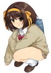 Rule 34 | 1girl, absurdres, bag, blush, bow, breasts, brown eyes, brown hair, full body, hair ornament, hairband, haruhisky, highres, loafers, long hair, looking at viewer, loose socks, medium breasts, school bag, school uniform, shoes, short hair, simple background, skirt, sleeves past wrists, smile, socks, solo, squatting, suzumiya haruhi, suzumiya haruhi no yuuutsu, thighs, tongue, tongue out, white background