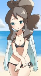 Rule 34 | 1girl, :o, absurdres, alternate costume, asamaru1225, beach, bikini, bikini under clothes, black bikini, blurry, blurry background, blush, breasts, brown hair, cleavage, cloud, collarbone, commentary request, cowboy shot, creatures (company), day, game freak, green eyes, high ponytail, highres, hilda (pokemon), jacket, jacket on shoulders, medium breasts, nintendo, outdoors, parted lips, pokemon, pokemon bw, raised eyebrows, sand, shore, sidelocks, sky, small breasts, solo, swimsuit, water