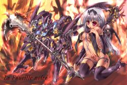 Rule 34 | 1girl, breasts, cleavage, grey hair, large breasts, mecha, original, red eyes, robot, scythe, solo, yoshimoto (dear life)