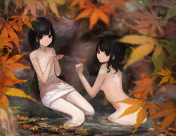 Rule 34 | 2girls, absurdres, autumn leaves, black hair, breasts, closed mouth, collarbone, flat chest, forest, hashimoto kokai, highres, leaf, long hair, looking at viewer, maple leaf, medium breasts, multiple girls, naked towel, nature, nude, original, outdoors, pool, short hair, sideboob, towel