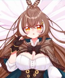 Rule 34 | 1girl, :o, ahoge, bed sheet, breasts, brown capelet, brown cloak, brown corset, brown hair, cape, capelet, cleavage cutout, cloak, clothing cutout, corset, feather hair ornament, feathers, gloves, hair ornament, hairclip, hand up, hieroglyphics, hololive, hololive english, long hair, looking at viewer, medium breasts, multicolored hair, nanashi mumei, nanashi mumei (1st costume), on bed, open mouth, partially fingerless gloves, ponytail, ribbon, rirumato, shirt, streaked hair, very long hair, virtual youtuber, white shirt, yellow eyes