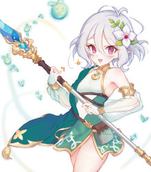 Rule 34 | 1girl, :d, asymmetrical clothes, bad id, bad twitter id, blush, flower, hair flower, hair ornament, happy, highres, holding, holding polearm, holding weapon, kokkoro (princess connect!), looking at viewer, niii, open mouth, pink eyes, pointy ears, polearm, princess connect!, short hair, silver hair, simple background, smile, solo, spear, standing, weapon, white background
