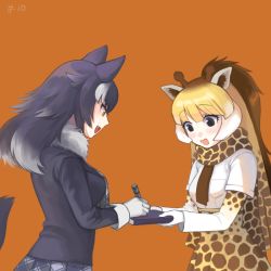 Rule 34 | 10s, 2girls, :d, animal ears, animal print, belt, black eyes, black hair, black jacket, blazer, blonde hair, blush, book, breast pocket, breasts, brown belt, brown hair, brown necktie, collar, comic, cuffs, episode number, eyebrows, eyelashes, fang, fur collar, giraffe ears, giraffe horns, giraffe print, gloves, grey wolf (kemono friends), holding, holding book, holding pen, horns, jacket, kemono friends, kumo955, large breasts, layered sleeves, long hair, long sleeves, looking down, medium breasts, multicolored hair, multiple girls, necktie, open mouth, orange background, pen, plaid, plaid necktie, plaid neckwear, plaid skirt, pleated skirt, pocket, profile, reticulated giraffe (kemono friends), scarf, shirt, short over long sleeves, short sleeves, simple background, skirt, smile, tail, tsurime, two-tone hair, upper body, white gloves, white hair, white shirt, wolf ears, wolf tail, writing, yellow eyes