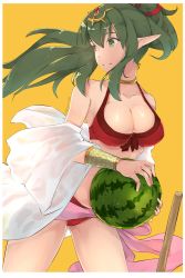 Rule 34 | 1girl, aged up, bikini, breasts, fire emblem, fire emblem awakening, fire emblem heroes, food, fruit, green eyes, green hair, hair ornament, highres, long hair, navel, nintendo, open mouth, pointy ears, ponytail, siegzeonu, smile, solo, swimsuit, tiki (adult) (fire emblem), tiki (adult) (summer) (fire emblem), tiki (fire emblem), watermelon