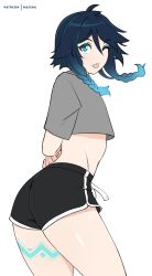 Rule 34 | 1boy, androgynous, arms behind back, artist name, black hair, blue hair, braid, closed mouth, commentary, crop top, english commentary, from side, genshin impact, gradient hair, green eyes, grey shirt, highres, leg tattoo, looking at viewer, male focus, matemi, midriff, multicolored hair, one eye closed, patreon username, shirt, short hair with long locks, short sleeves, shorts, sidelocks, simple background, solo, tattoo, tongue, tongue out, twin braids, venti (genshin impact), white background