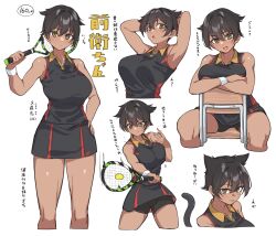 Rule 34 | 1girl, armpits, arms behind head, arms up, ball, bike shorts, bike shorts under skirt, black hair, black shirt, black shorts, black skirt, breasts, cat tail, closed mouth, collared shirt, commentary request, crossed arms, dark-skinned female, dark skin, hair flaps, highres, holding tennis racket, large breasts, looking at viewer, miniskirt, on chair, original, pleated skirt, racket, shirt, short hair, shorts, single bare arm, sitting, sitting backwards, skirt, sleeveless, sleeveless shirt, sportswear, tail, tapioka (oekakitapioka), tennis ball, tennis racket, tennis uniform, tomboy, tongue, tongue out, v-shaped eyebrows, very short hair, white wristband, yellow eyes