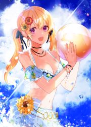 Rule 34 | 1girl, :d, arm strap, bad id, bad pixiv id, ball, bang dream!, beachball, bikini, bikini top only, blonde hair, blue bow, blue ribbon, blue skirt, bow, bracelet, breasts, cleavage, cloud, day, earrings, floating hair, flower, fresa pie, frilled bikini, frilled bikini top, frills, hair flower, hair ornament, hair ribbon, highres, holding, holding ball, jewelry, long hair, medium breasts, navel, necklace, open mouth, outdoors, pleated skirt, purple eyes, red flower, ribbon, skirt, smile, solo, sparkle, standing, stomach, striped, striped bow, sunflower, swimsuit, twintails, white bikini, yellow flower