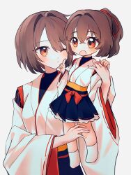 Rule 34 | 2girls, absurdres, aged down, blush, brown hair, closed mouth, grey background, hair between eyes, hair ribbon, highres, hyuuga (kancolle), ise (kancolle), japanese clothes, kantai collection, kazeshio, kimono, multiple girls, one eye closed, open mouth, orange eyes, red ribbon, ribbon, ribbon-trimmed sleeves, ribbon trim, short hair, simple background, undershirt, white kimono, wide sleeves