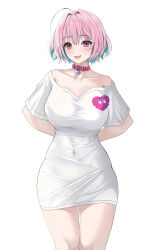 Rule 34 | 1girl, absurdres, ahoge, animal collar, aqua hair, arms behind back, bare shoulders, blush, bob cut, breasts, collar, commentary, covered navel, dlnk, hair intakes, heart on chest, highres, idolmaster, idolmaster cinderella girls, large breasts, looking at viewer, multicolored hair, no pants, off-shoulder shirt, off shoulder, oversized clothes, oversized shirt, pink hair, shirt, simple background, smile, solo, t-shirt, taut clothes, taut shirt, two-tone hair, white background, white shirt, yumemi riamu