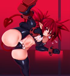 Rule 34 | 1girl, anklet, ass, bare shoulders, black gloves, blush, boots, bracelet, breasts, cashumeru, choker, crop top, demon girl, demon tail, disgaea, elbow gloves, etna (disgaea), fang, gloves, gradient background, highres, jewelry, leg hold, leg lift, looking at viewer, matching hair/eyes, midriff, navel, pointy ears, red background, red eyes, red footwear, red hair, short shorts, short twintails, shorts, simple background, slit pupils, small breasts, smile, solo, split, standing, standing on one leg, sweat, tail, thick thighs, thigh boots, thighs, twintails