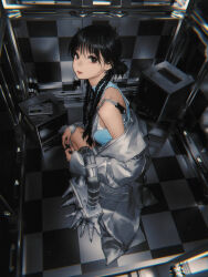 Rule 34 | 1girl, absurdres, bag, black eyes, black hair, blue shirt, braid, cassette player, checkered floor, checkered wall, closed mouth, coat, earrings, from above, handbag, highres, jewelry, multiple braids, original, shirt, solo, speaker, squatting, turtleneck, wang-xi, white coat