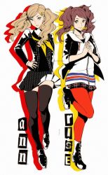 Rule 34 | 10s, 2girls, ascot, blonde hair, boots, brown hair, character name, cosplay, costume switch, hair ornament, hairclip, hand on own hip, hood, hoodie, kujikawa rise, looking at viewer, multiple girls, own hands together, pantyhose, persona, persona 4, persona 5, plaid, plaid skirt, school uniform, shinkusora, skirt, smile, takamaki anne, thighhighs, twintails, zettai ryouiki